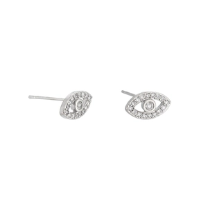 Silver evil eye stud earrings with sparkling cubic zirconia inlay for men and women