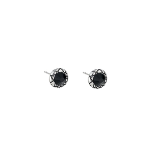 Silver mens stud earrings with round black zircon and diamond pattern metal engraving