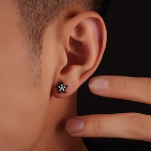 Minimalist black five-pointed star stud earring for men in polished stainless steel finish