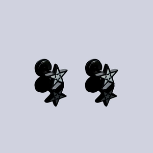 Minimalist black pentagram stud earrings with white star inlay and screw back design