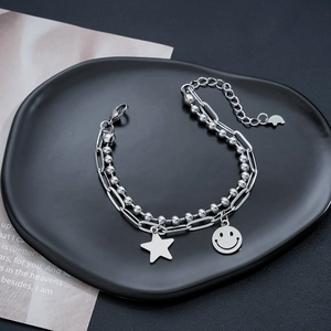 Double Layered Titanium Steel Bracelet With Smiley Face And Star Pendants Polished Trendy Fashion Jewelry For Men And Women
