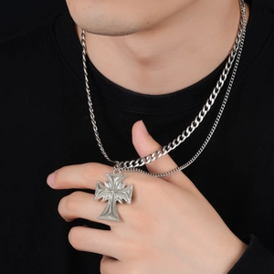 Cool stainless steel double-layered Cuban chain necklace with a Maltese cross pendant
