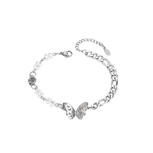 Asymmetric butterfly bracelet with polished silver chain and sparkling crystal beads