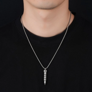 Men's silver skull bullet pendant necklace on a heavy stainless steel chain