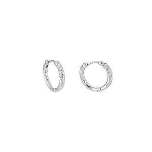 Minimalist silver hoop earrings with hammered metal texture and unisex simple design