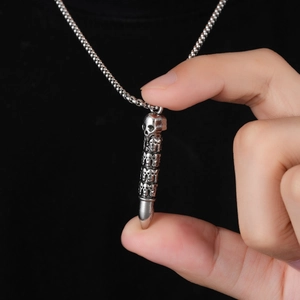 Gothic skull bullet pendant necklace in vintage silver finish with metallic ball chain