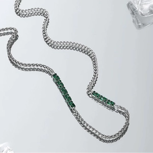 Silver woven titanium steel necklace with rectangular deep green gemstones for men