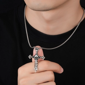 Retro gothic skull cross necklace with metal ball chain for men hip hop style