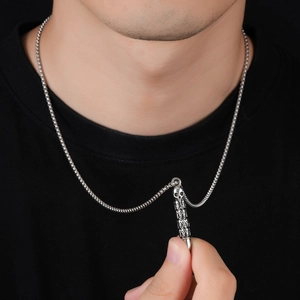 Punk silver skull bullet pendant necklace for men with vintage stainless steel box chain