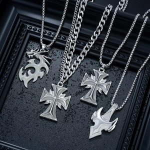 Cool stainless steel gothic cross necklaces with silver tribal dragon pendants for men