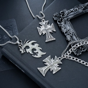 Retro Gothic Cross Dragon Trident Pendant Necklace Titanium Steel Hip Hop Punk Layered Jewelry For Men Women Daily Decor