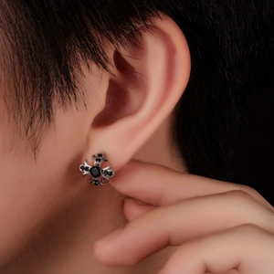 Gothic cross hoop earrings with black zircon stones in a vintage silver finish