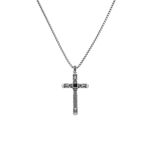 Collier rétro en acier inoxydable avec pendentif croix, gemme noire et chaîne box