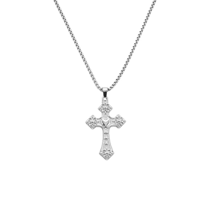 Collier croix argent vintage avec cœur et gravures florales sur une chaîne maille