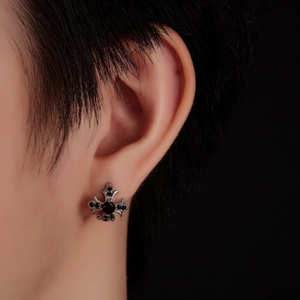 Gothic cross hoop earrings for men and women with black zircons and retro silver finish