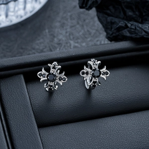 Vintage Gothic Cross Hoop Earrings Copper Black Zircon Inlaid Ear Buckles For Unisex Men Women Punk Jewelry Accessory