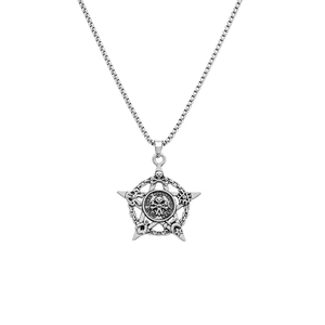 Collier pendentif pentagramme tête de mort en acier inoxydable argenté vintage