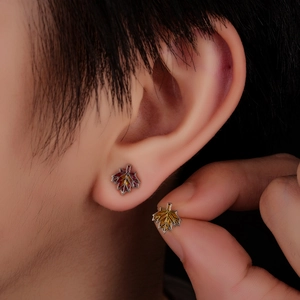 Minimalist maple leaf stud earrings with autumn color gradient and metal trim