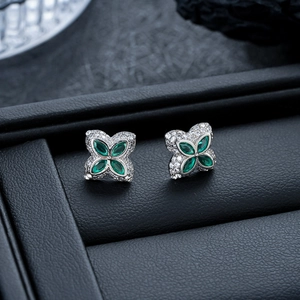 Luxury Green Marquise Zirconia Flower Stud Earrings Copper White Rhinestone Four Leaf Clover Earrings Steel Pin Jewelry