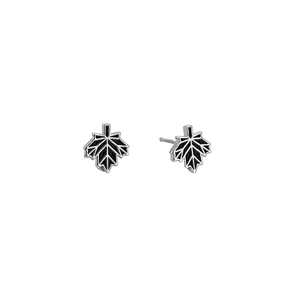 Minimalist silver and black maple leaf stud earrings with detailed leaf texture design