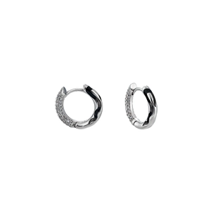 Sparkling pave huggie earrings with white zircon and black wave pattern in silver finish