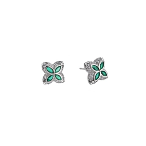 Silver four-leaf clover stud earrings with green marquise stones and zircon micro-pave