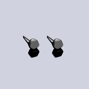Minimalist black geometric faceted stud earrings for men with metallic finish