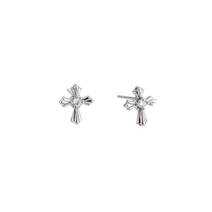 Gothic cross stud earrings in silver steel with sparkling round zircon center