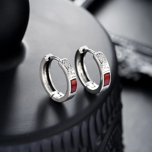 Men's retro hoop earrings with silver metal texture and red square enamel detail