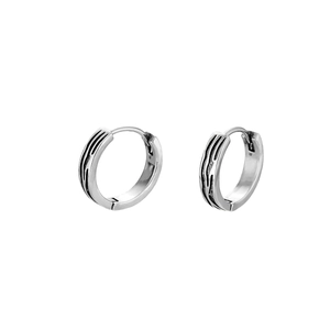 Minimalist silver hoop earrings with black wave pattern and antique finish for men