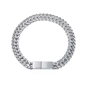 Minimalist double-layered titanium steel wheat chain bracelet with magnetic clasp for men