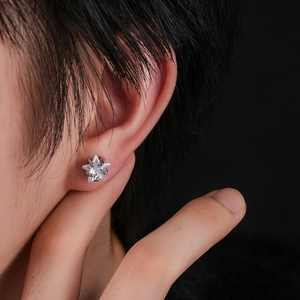 Minimalist five-pointed star zircon stud earrings with silver setting on female model ear