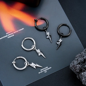 Titanium Staal Bliksem Strass Creolen Voor Heren Dames Punk Bliksem Hanger Oorbellen Enkele Oorknop Sieraden