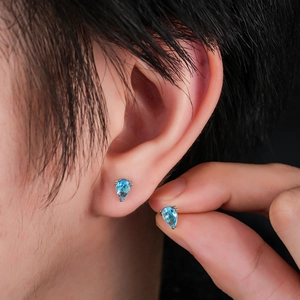Elegant blue water drop zircon stud earrings with silver metal claw setting for women