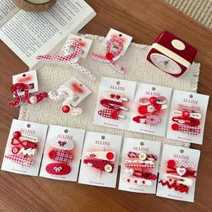 Sweet Red White Gingham Polka Dot Hair Clip Set Retro Bow Button Hair Claw For Women Girls Fashion Daily Hair Accessories