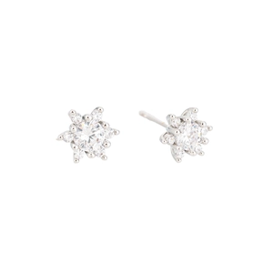 Sparkling silver snowflake stud earrings with micro-pave cubic zirconia crystals