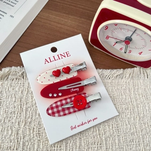 Three-piece hair clip set with red polka dot heart, glitter Fancy text and plaid button