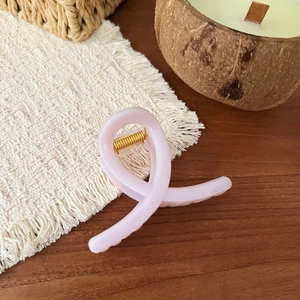 French style light pink pumpkin hair claw clip on wooden table with natural aesthetic