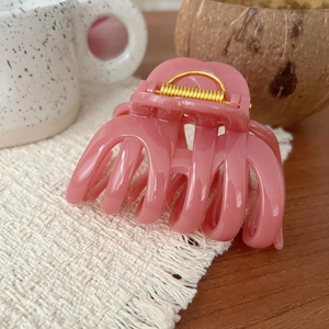 French style large pink resin hair claw clip with gold metal spring for women