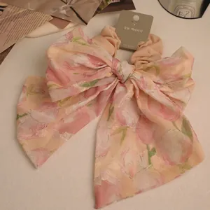 Elegant floral chiffon bow scrunchie with pink rose pattern in Korean fashion style