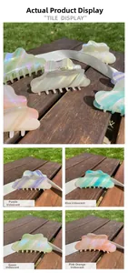 Detailed view of colorful holographic cloud hair claws in purple, blue, green and pink