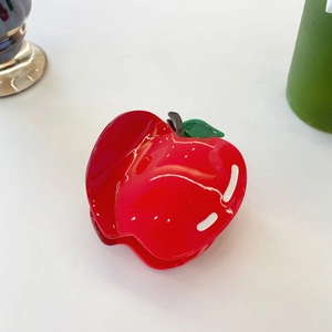 Pince à cheveux mignonne en forme de pomme en acétate rouge brillant avec feuille