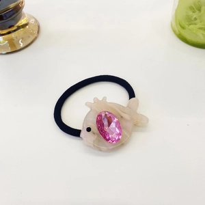 Cute Korean style fish hair tie with pink crystal and white resin on black elastic band