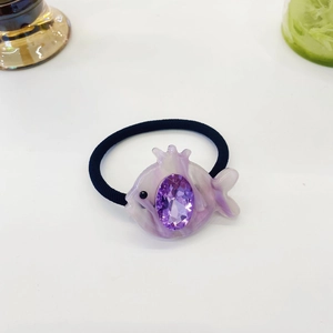 Cute purple resin fish hair tie with crystal rhinestone on a black elastic band