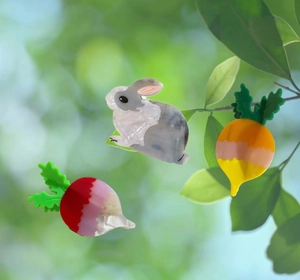 Détail de pinces à cheveux lapin et carotte en acétate posées dans un décor naturel extérieur