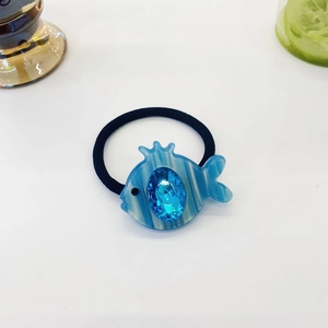 Cute blue fish hair tie with crystal gemstone and striped acetate finish for girls