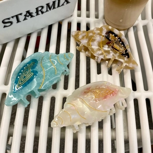 Shell Shape Hair Claw Clip Acetate Conch Shark Clip Gold Trim Marine Style Hair Accessories For Women Daily Vacation