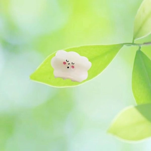 Cute white cloud hair claw with cartoon face on a green leaf background