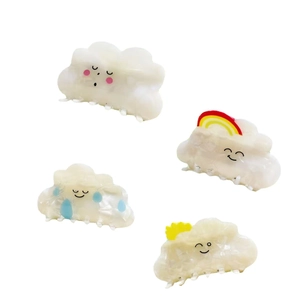 Cute white cloud hair claws set with rainbow and raindrop patterns for girls