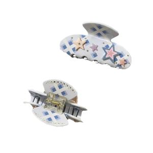 Blue plaid acrylic star hair claw clip with rhinestones and colorful dopamine style charms